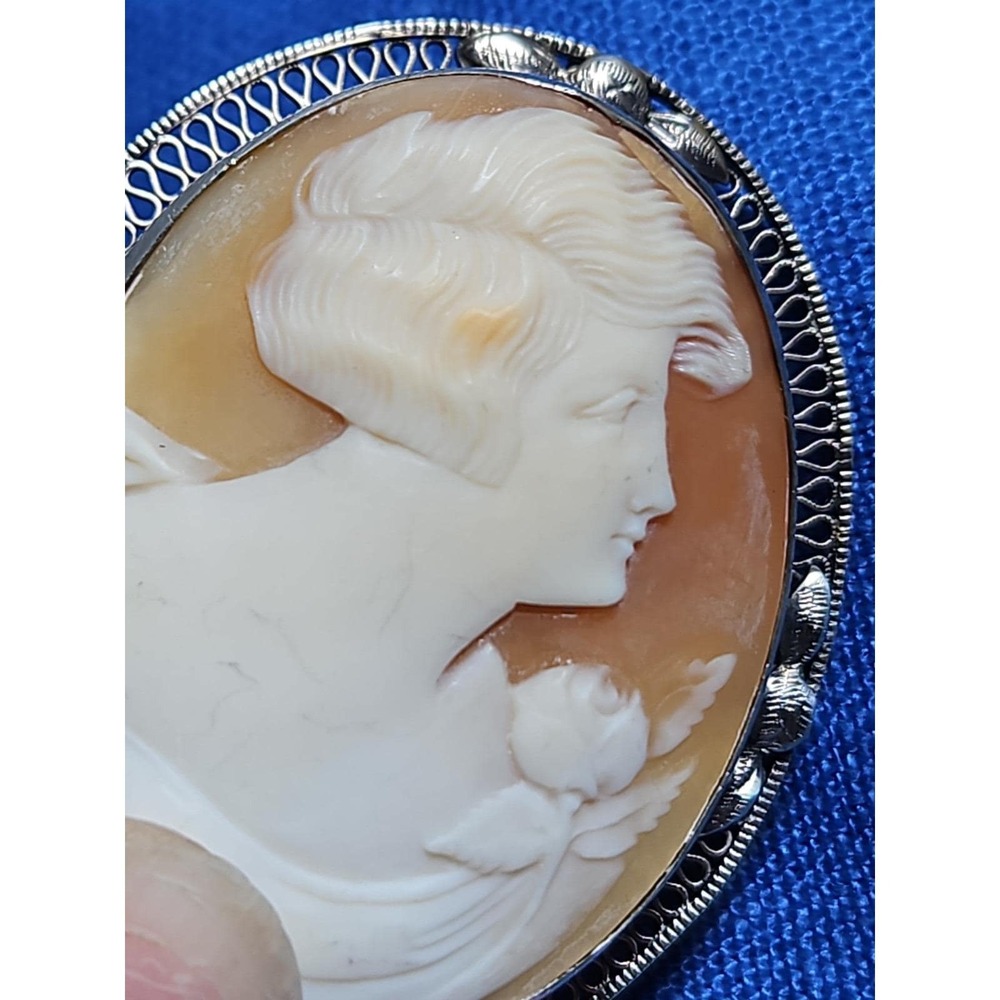 Vintage Sterling Silver Cameo Brooch Pendant Carved Lady w/Rose Edwardian 1.75"